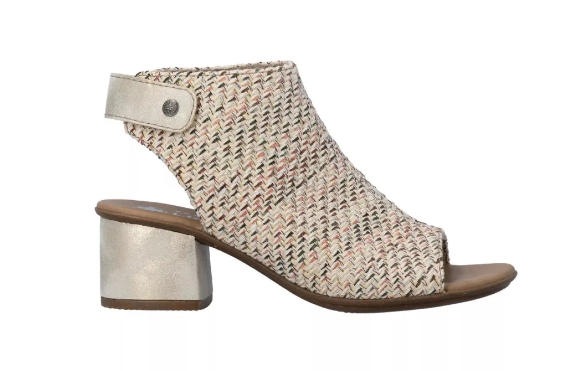 zijkant van de Rieker damessandalen 64670-62 in beige textile met klittenbandsluiting