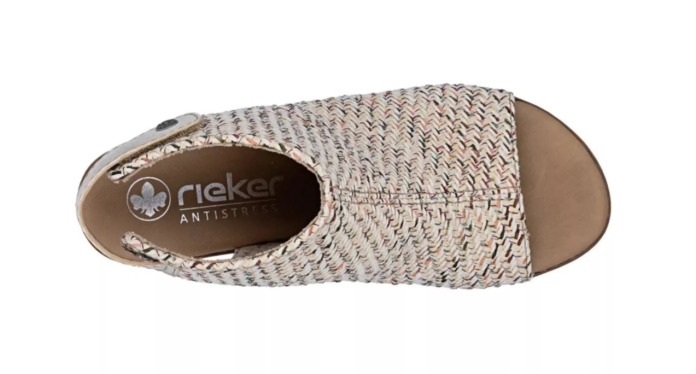 Voorzijde van Rieker damessandalen 64670-62 in beige met open teen en licht textile materiaal