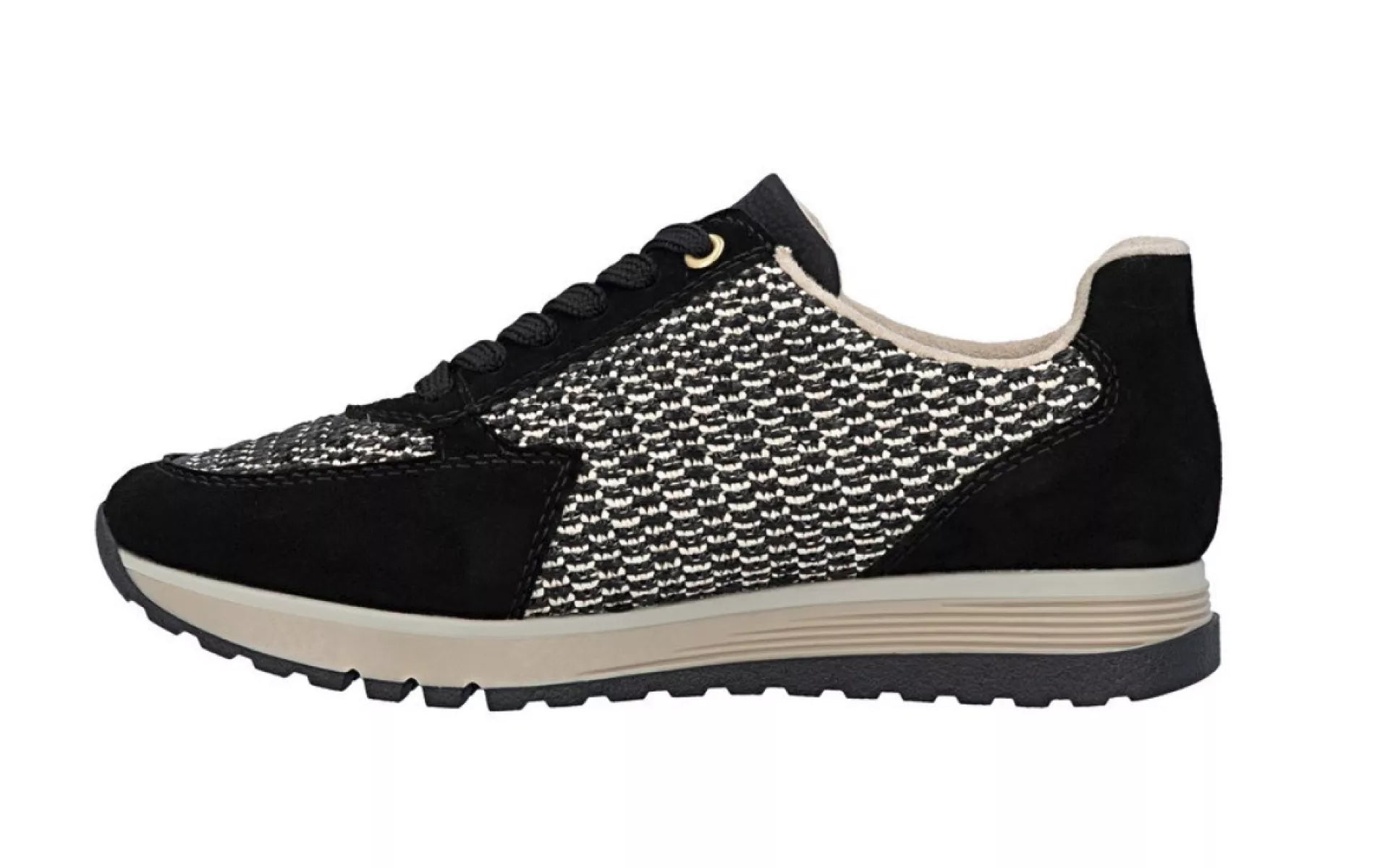Rieker 49010-01 damesschoen in zwart/multi, zijaanzicht van comfortabele sneaker