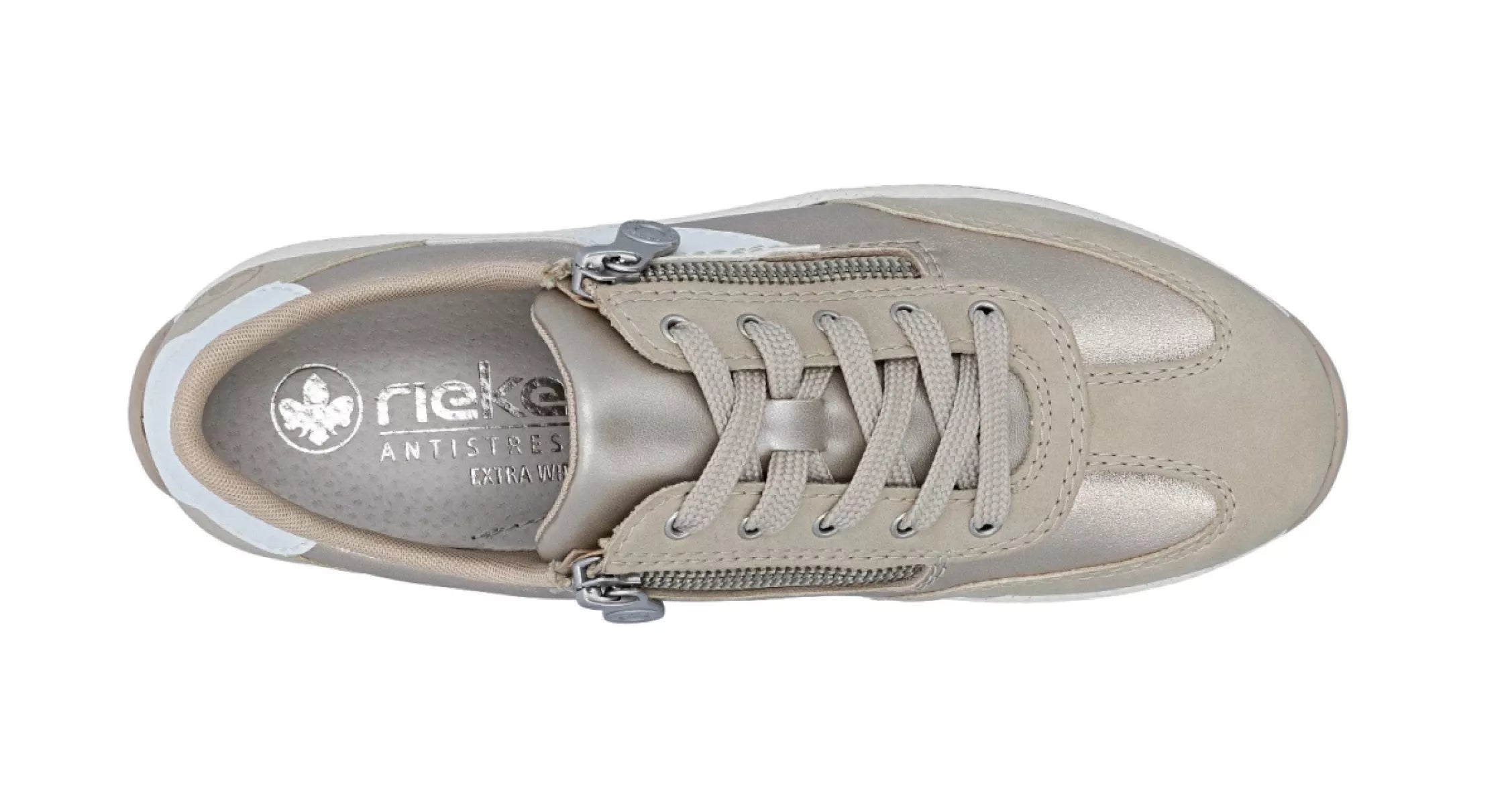 Detail van de Rieker N1103-90 damesschoenen, leren bovenwerk en beige combi kleuren