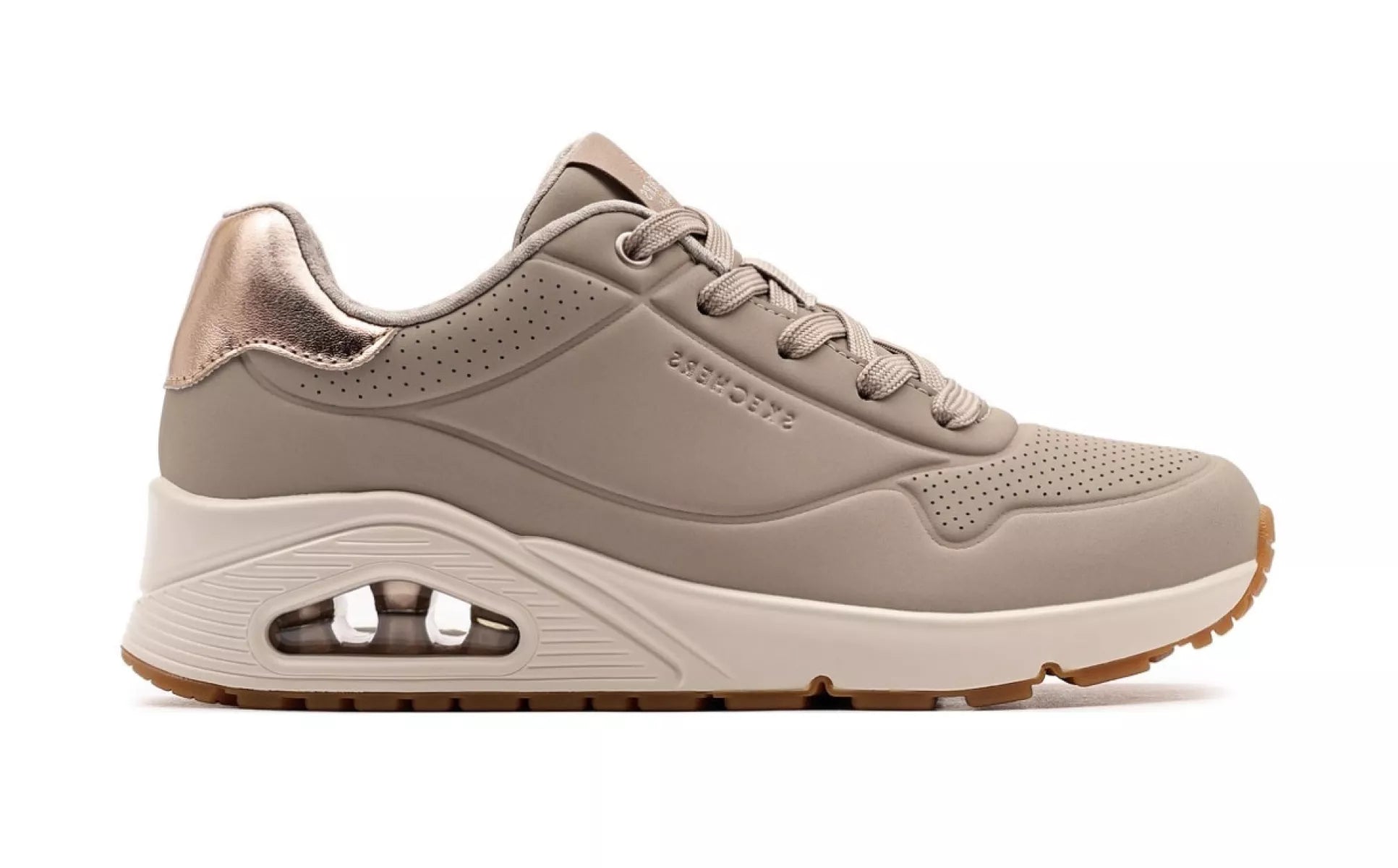Detailfoto de zijkant van Skechers Uno Stand on Air 177094, trendy taupe sneaker
