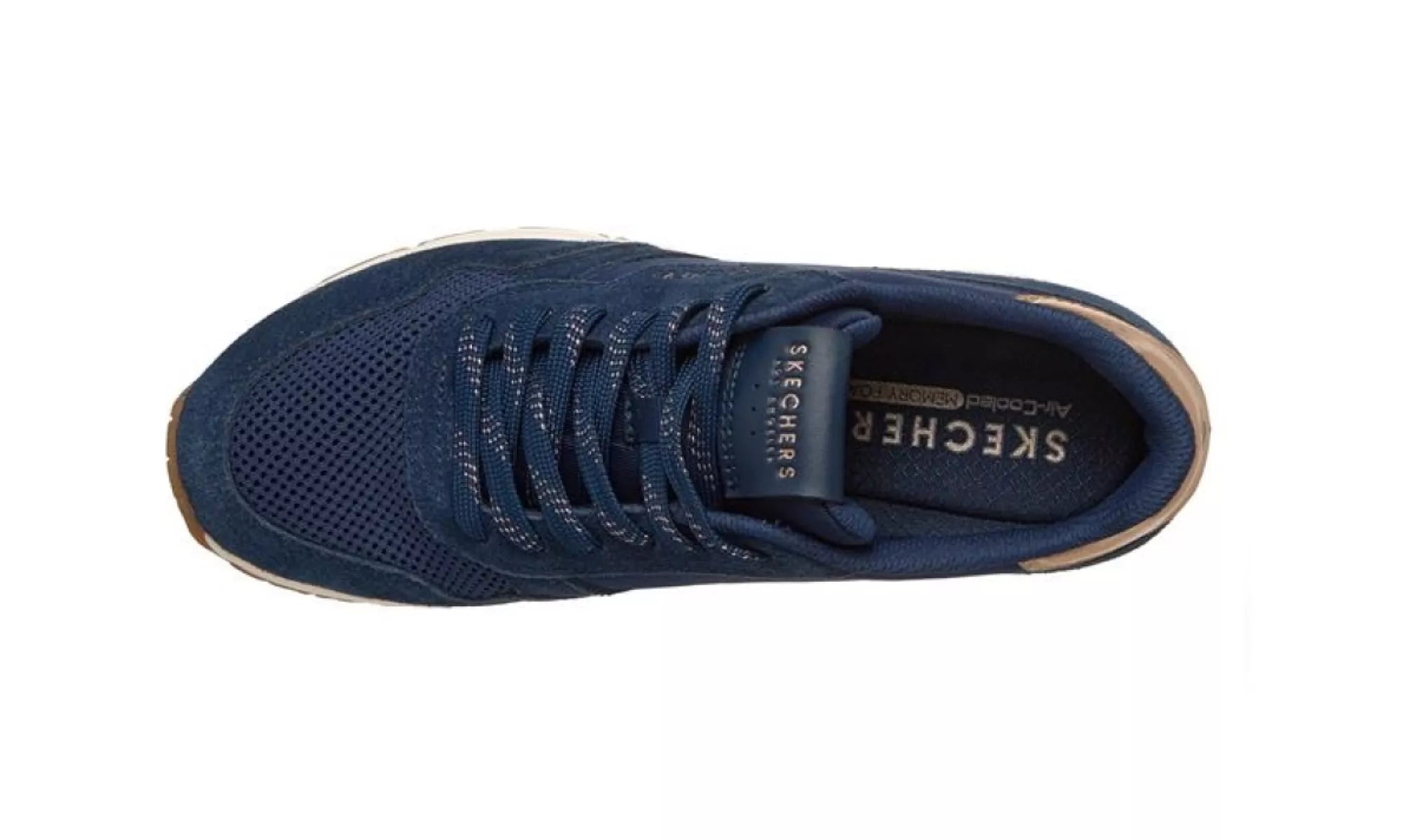 Close-up van Skechers 177856 NVY, vetersluiting en bovenwerk van donkerblauw materiaal