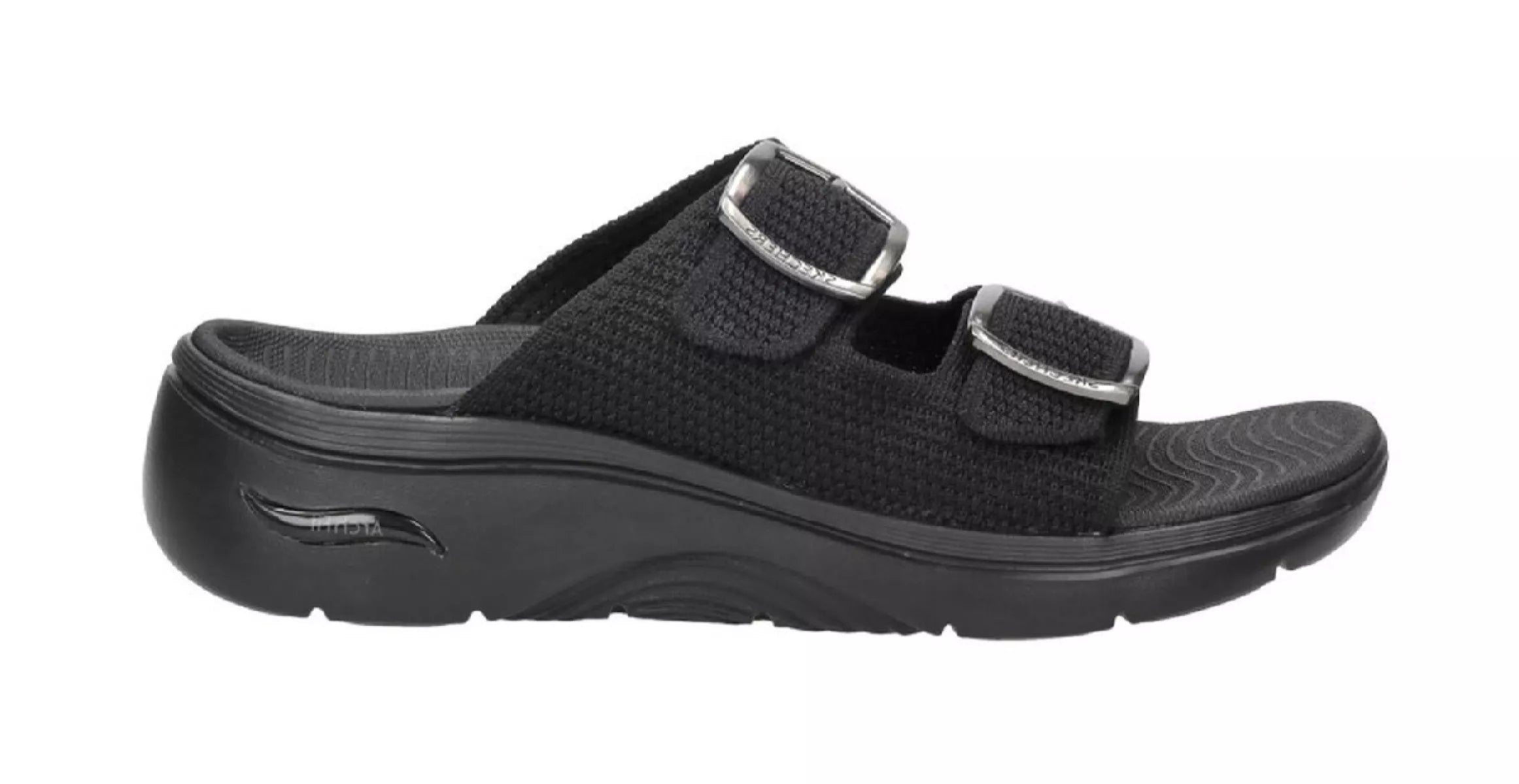 Zwarte Skechers Go Walk damesslipper detail zijkant